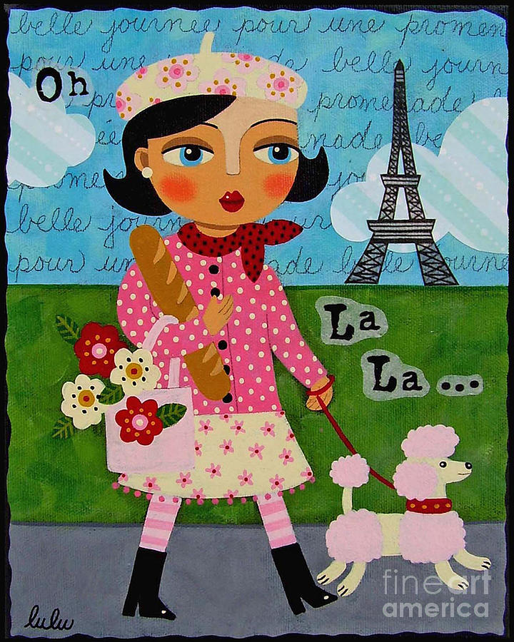 Paris Painting - French Girl Walking Pink Poodle by Andree Chevrier