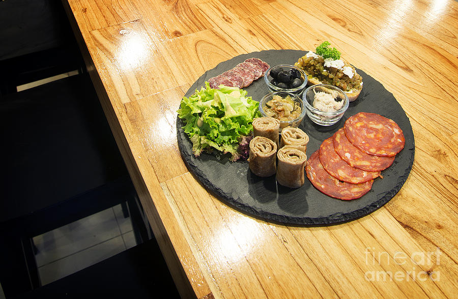 French Gourmet Snack Foods Mixed Platter On Wooden Table Photograph by JM Travel Photography