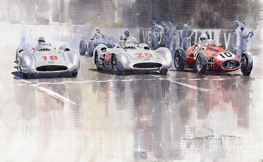 Watercolour Painting - French GP 1954 MB W 196 Meserati 250 F by Yuriy Shevchuk