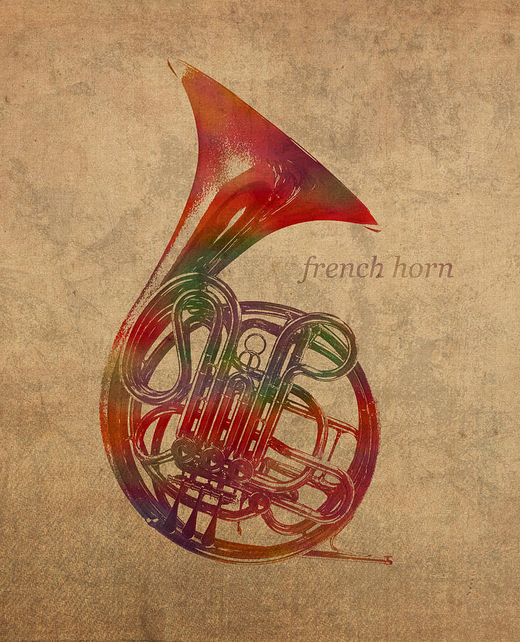 Music Mixed Media - French Horn Brass Instrument Watercolor Portrait on Worn Canvas by Design Turnpike