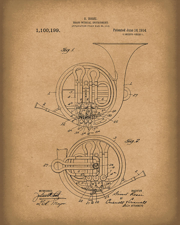 French Horn Musical Instrument 1914 Patent Art  Brown Drawing by Prior Art Design