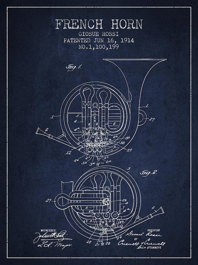 Music Digital Art - French Horn Patent from 1914 - Blue by Aged Pixel