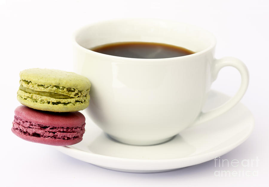 Coffee Photograph - French macaroons and black coffee by Rosemary Calvert