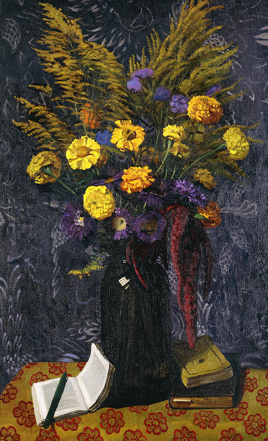 Flowers Still Life Painting - French Marigold Purple Daisies and Golden Sheaves by Felix Vallotton