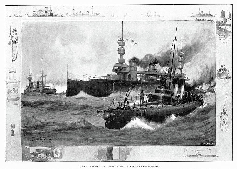 French Naval Ships, 1902 Drawing by Granger