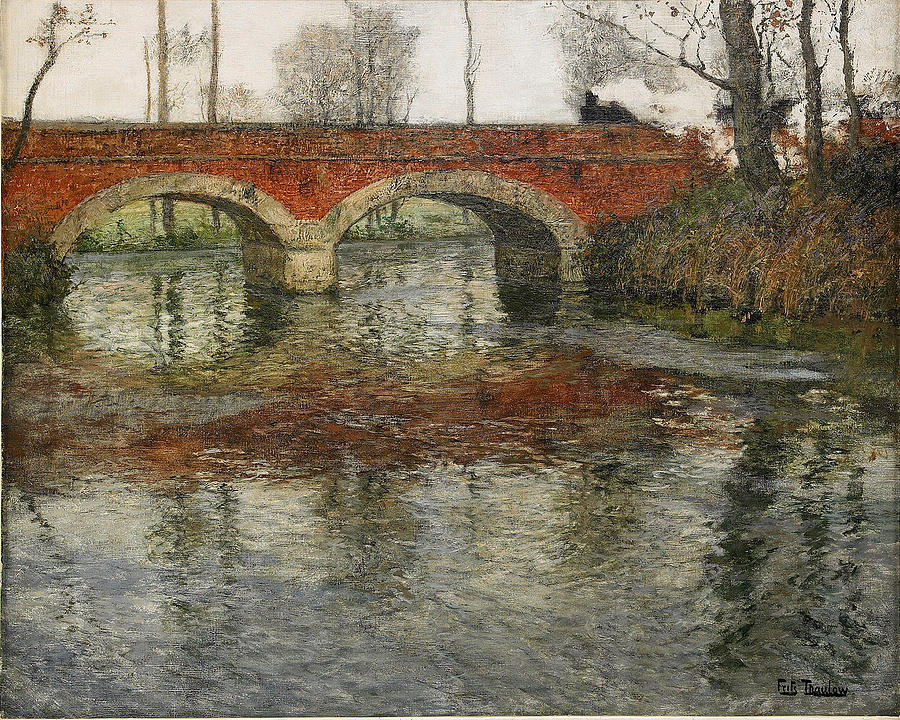 Tree Painting - French river landscape with a stone bridge by Frits Thaulow
