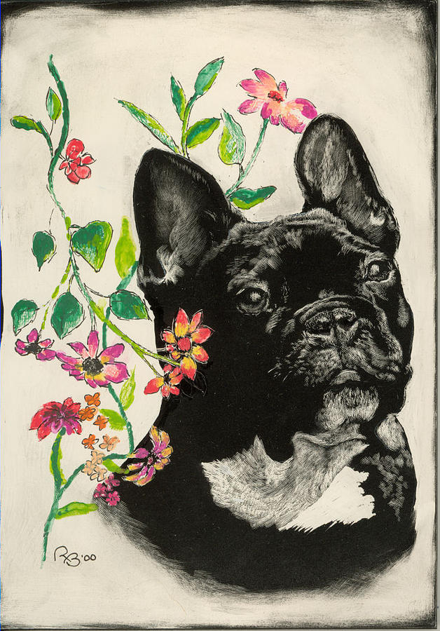 Frenchie and Flowers Drawing by Rachel Bochnia