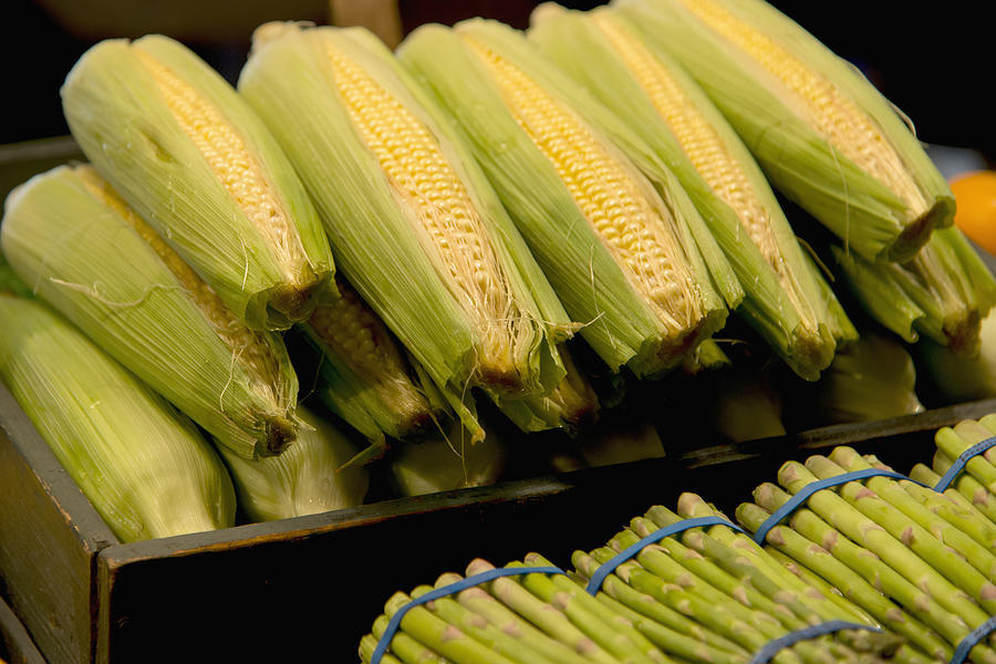 Asparagus Photograph - Fresh Corn On The Cob And Asparagus by Keith Levit