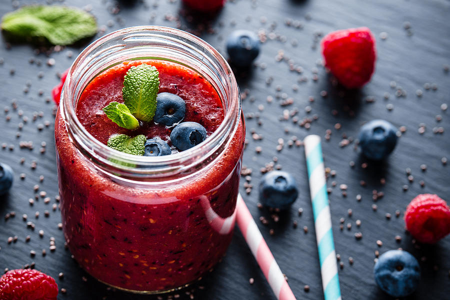 Fresh healthy blueberries raspberries and chia seeds smoothie Photograph by Foment