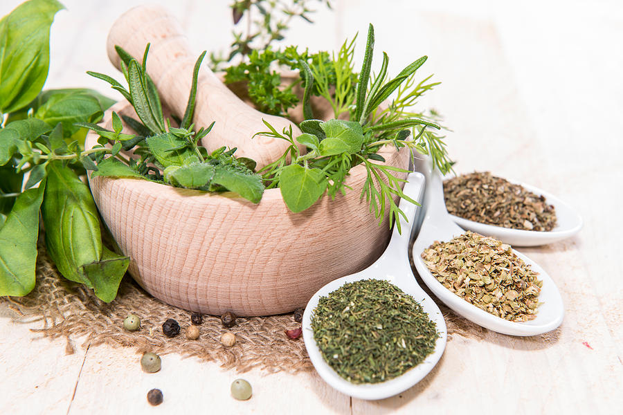 Fresh Herbs In A Small Wooden Bowl Photograph