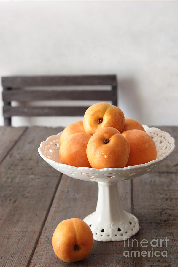 Fresh peaches on old brown table Photograph by Sandra Cunningham
