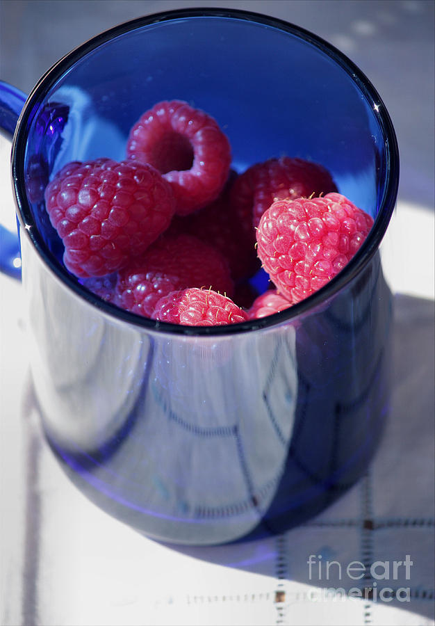 Raspberry Photograph - Fresh Raspberries in A Blue Cup by Luv Photography