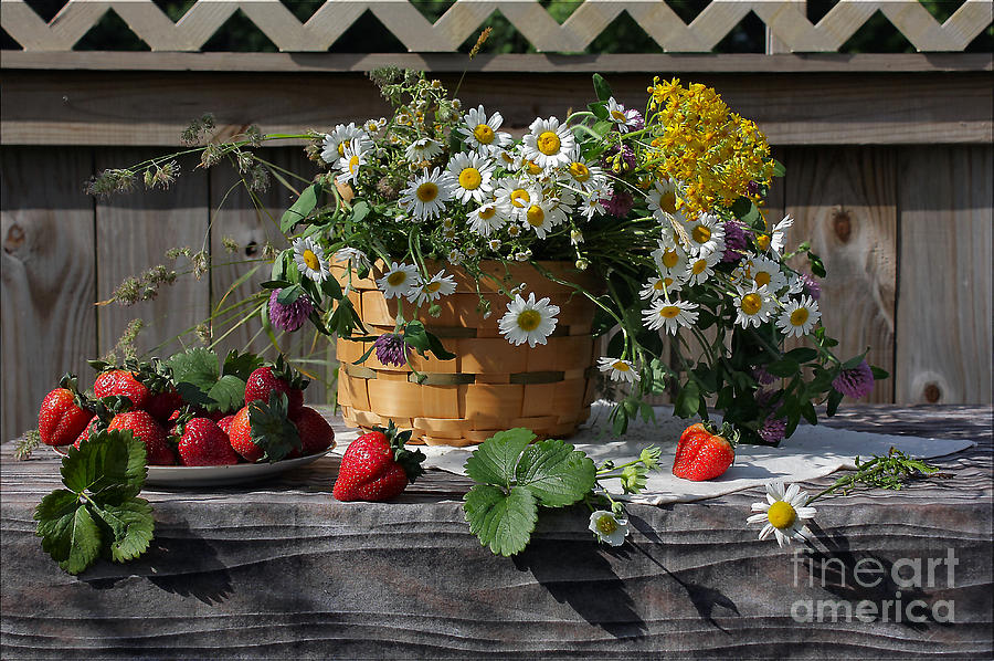 Strawberry Photograph - Fresh Strawberries and Summer Flowers by Luv Photography
