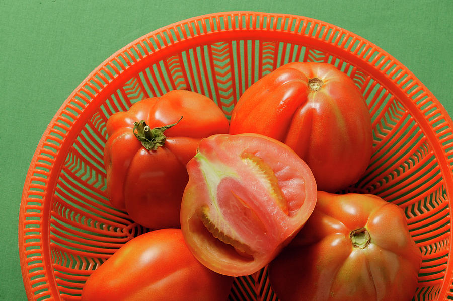 Tomato Photograph - Fresh Tomatoes In Red Bowl (close-up) by Foodcollection