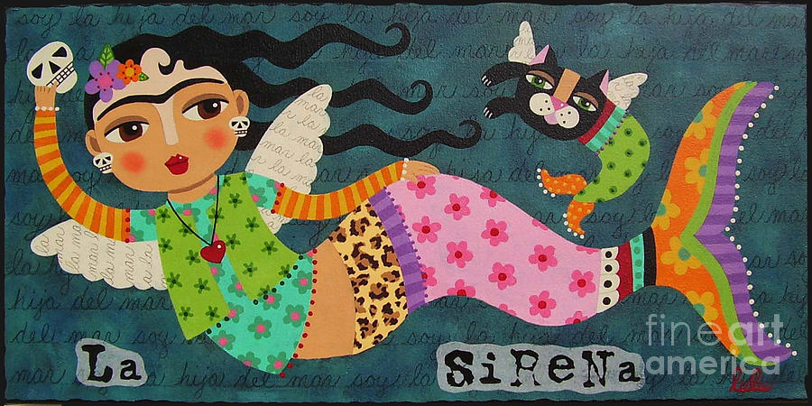 Mermaid Painting - Frida Kahlo Angel Mermaid with Skull and Black Cat by Andree Chevrier