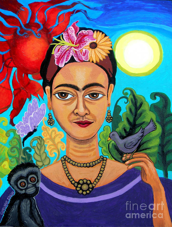 Frida Kahlo With Monkey And Bird Painting