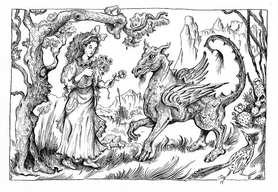 Dragon Drawing - Friending a Dragon by Theresa Bayer