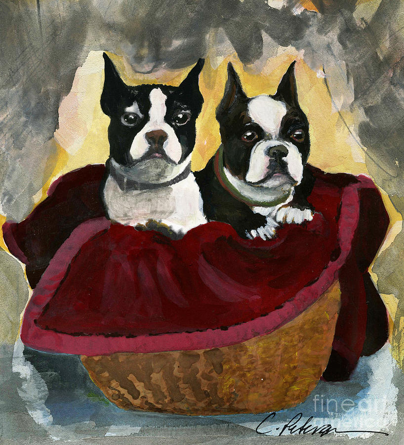 Friends.  A pair of Boston Terrier Dogs Snuggle in a warm Basket. Painting by Cathy Peterson