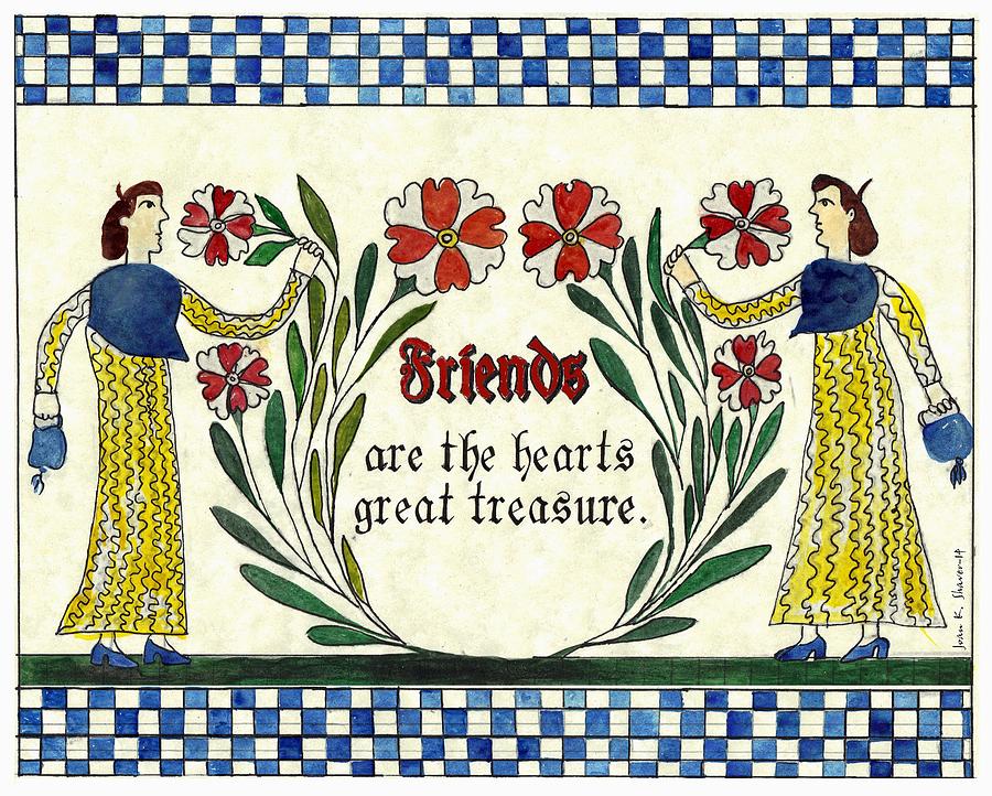 Bird Painting - Friends are the hearts-Fraktur by Joan Shaver