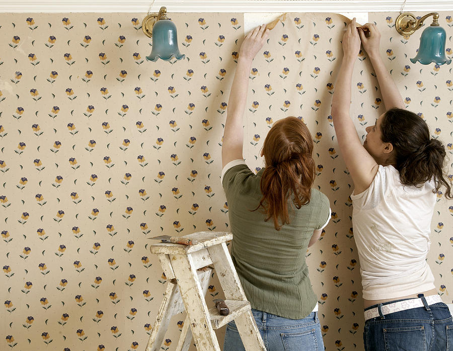 Friends beginning to remove wallpaper Photograph by Gary Houlder