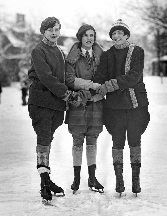 Black And White Photograph - Friends Skating At Lake Placid by Underwood Archives
