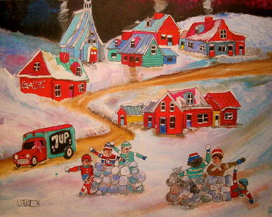 Friends Snowball Fight Montreal Memories Painting by Michael Litvack