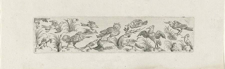 Owl Drawing - Frieze With Eleven Birds, At The Left End Of The Frieze by Pieter Serwouters And Hans Collaert I And Marcus Geeraerts
