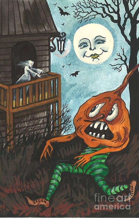 Frightened Pumpkinhead Painting by Margaryta Yermolayeva