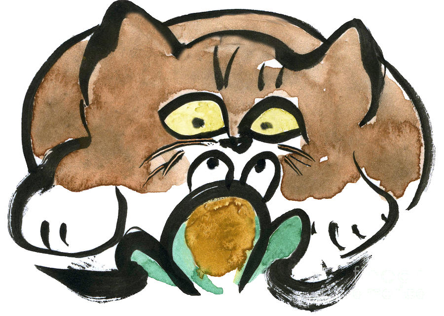 Frog and Brown Tuxedo Kitten Painting by Ellen Miffitt