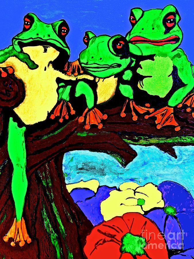 Frog Family Hanging Out On A Limb 2 Painting by Saundra Myles