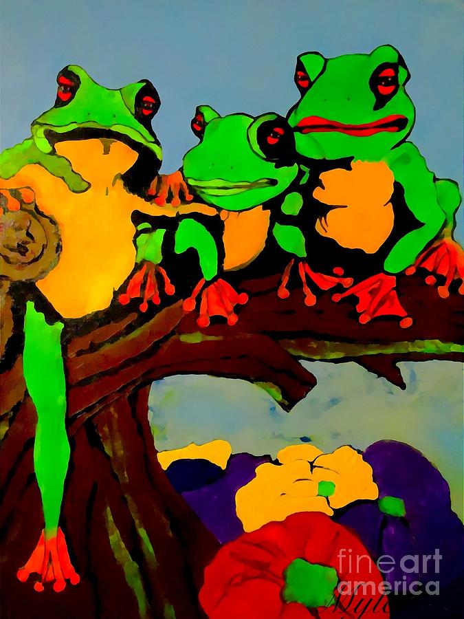 Frog Family Hanging Out on a Limb Painting by Saundra Myles