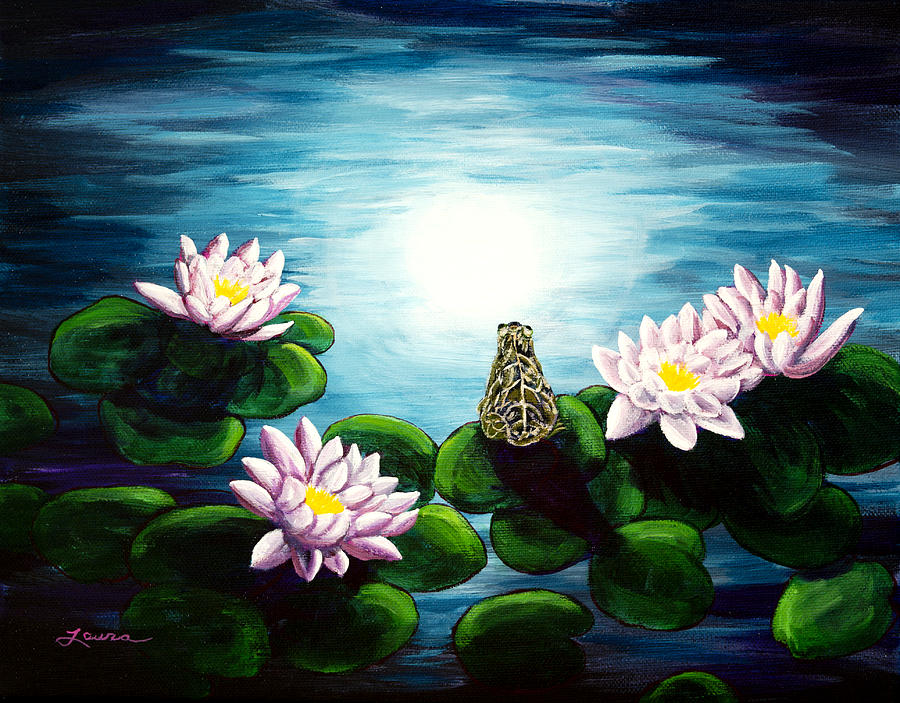 Frog in a Moonlit Pond Painting by Laura Iverson
