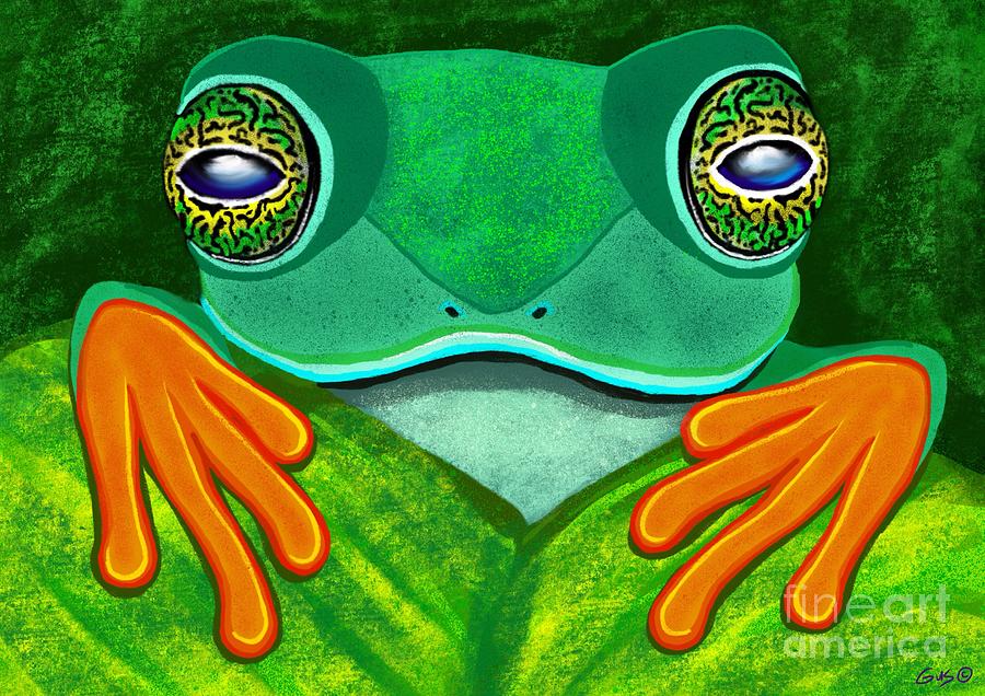 Frog peeking over leaf Digital Art by Nick Gustafson