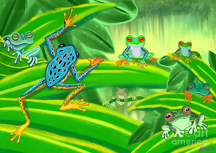 Frogs in a rainforest Painting by Nick Gustafson