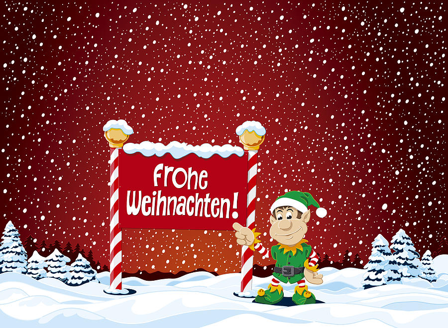 Elf Digital Art - Frohe Weihnachten Sign Christmas Elf Winter Landscape by Frank Ramspott