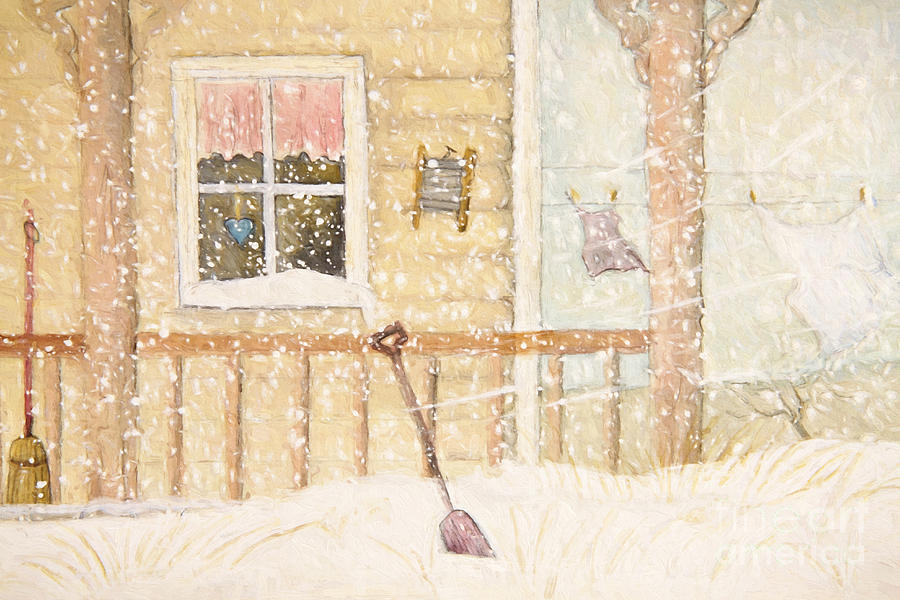 Front porch in snow with clothesline/ digital watercolor Photograph by Sandra Cunningham