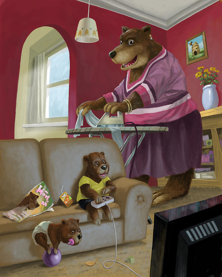 Front Room Bear Family Son Playing Computer Game Painting by Martin Davey