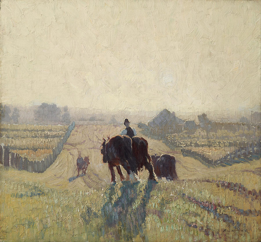 Cow Painting - Frosty sunrise by Elioth Gruner