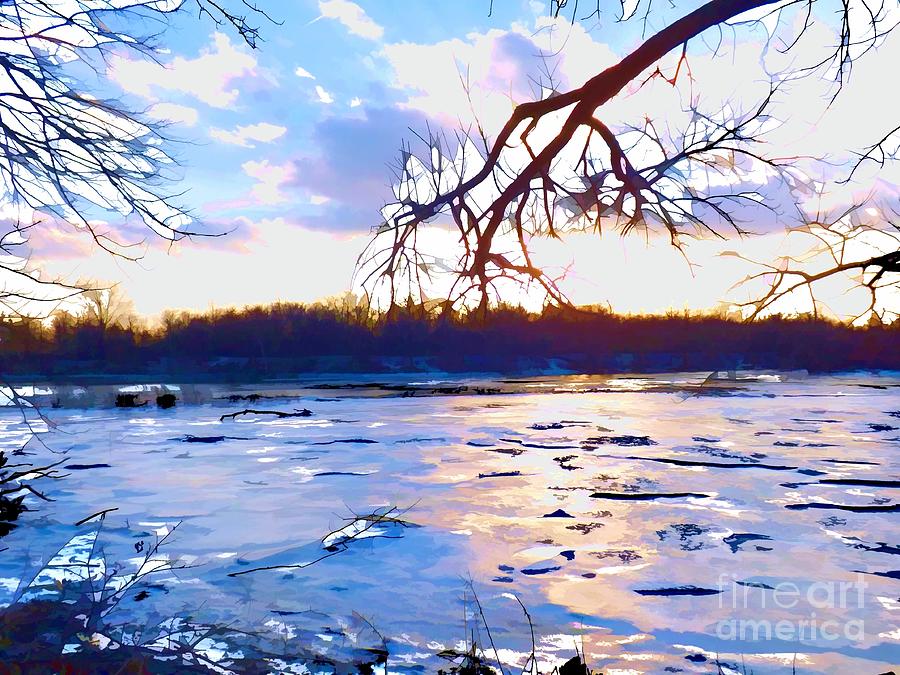 Frozen Delaware River Sunset Painting by Robyn King