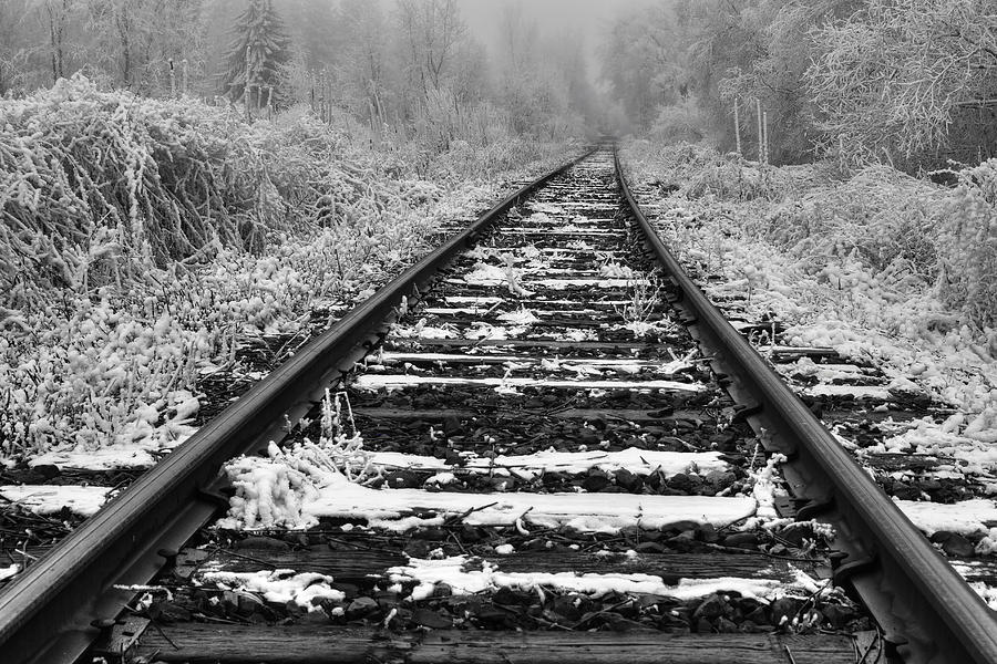 Winter Photograph - Frozen Illusion - Train Tracks Vanish  into Frozen Fog by Mark Kiver