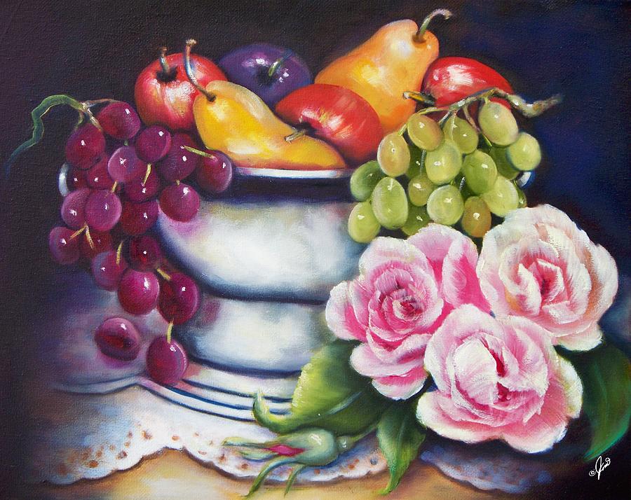 Fruit and Pink Roses Painting by Joni McPherson