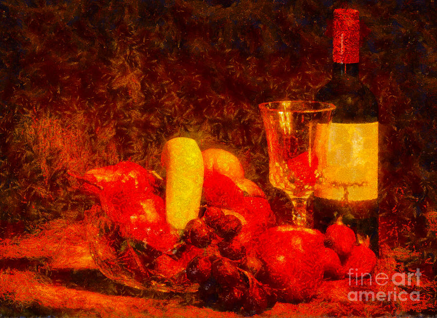 Fruit bowl and wine - V3 Photograph by Les Palenik
