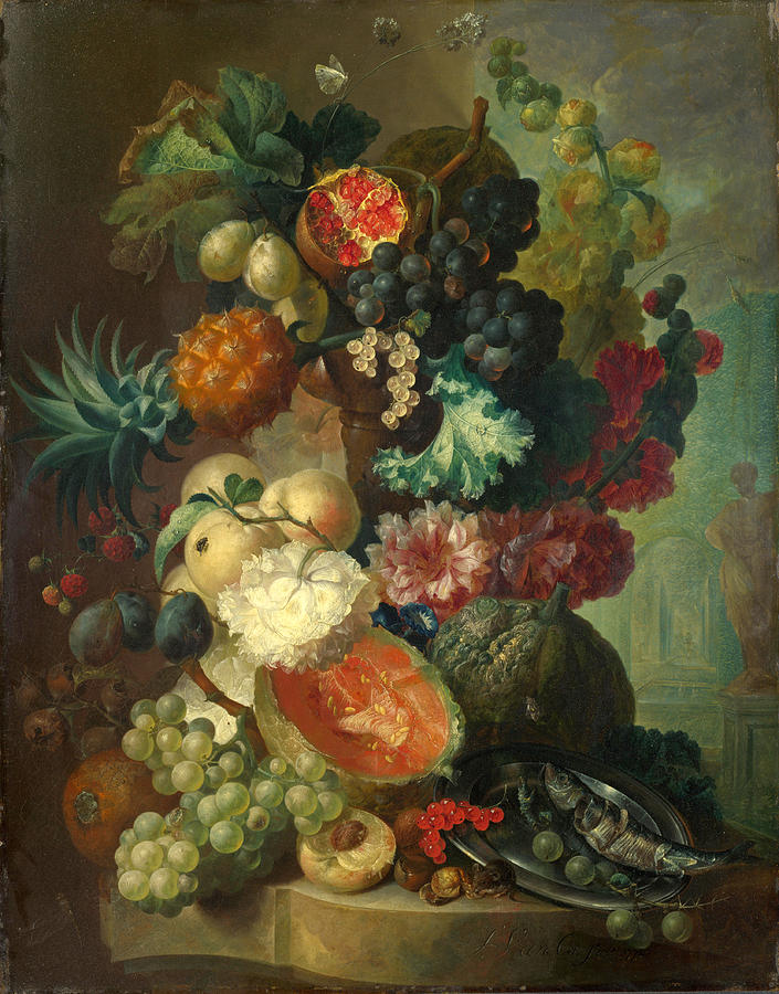 Jan Van Os Painting - Fruit Flowers and a Fish by Jan van Os