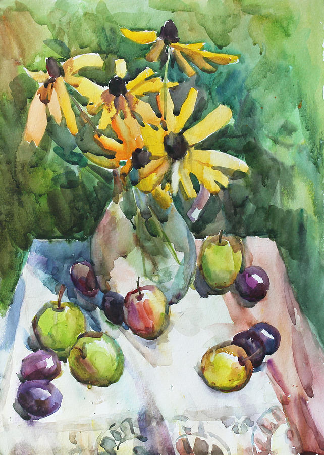 Fruits and camomiles Painting by Juliya Zhukova