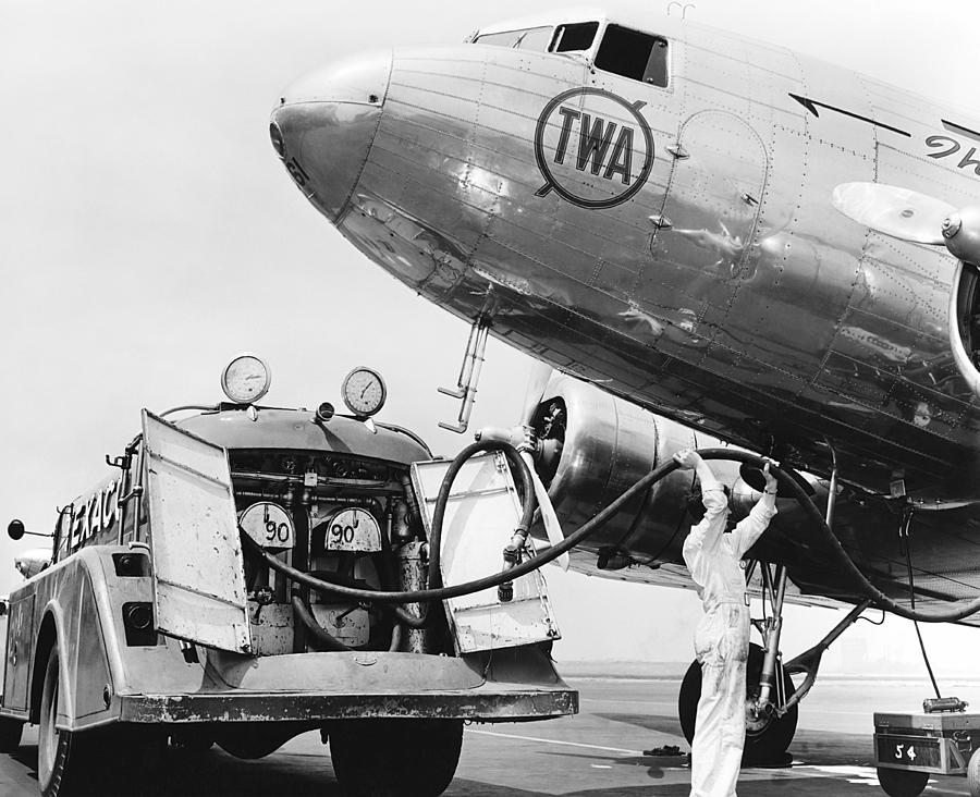 Airplane Photograph - Fueling A DC-3 Airliner by Underwood Archives