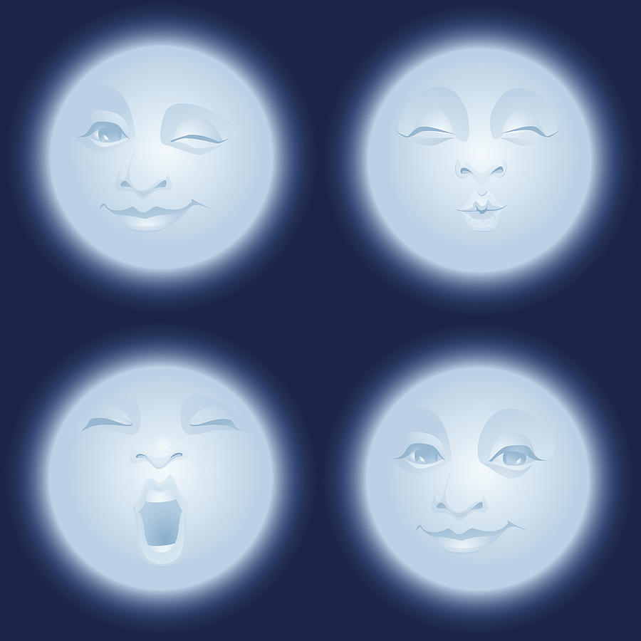 Full blue moon making faces. Drawing by Laurien