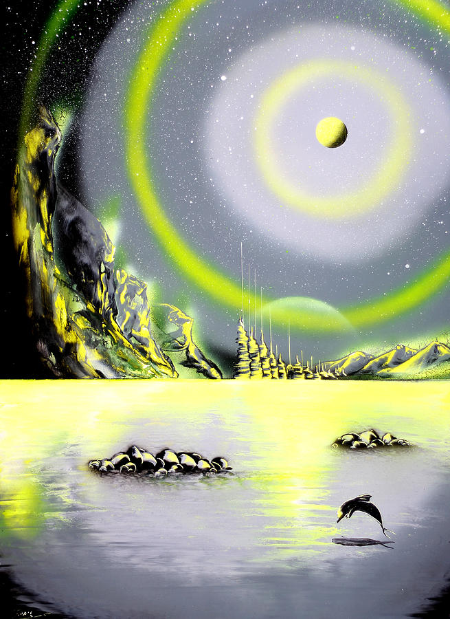 Dolphin Painting - Full Moon - black light by Ronny Or Haklay
