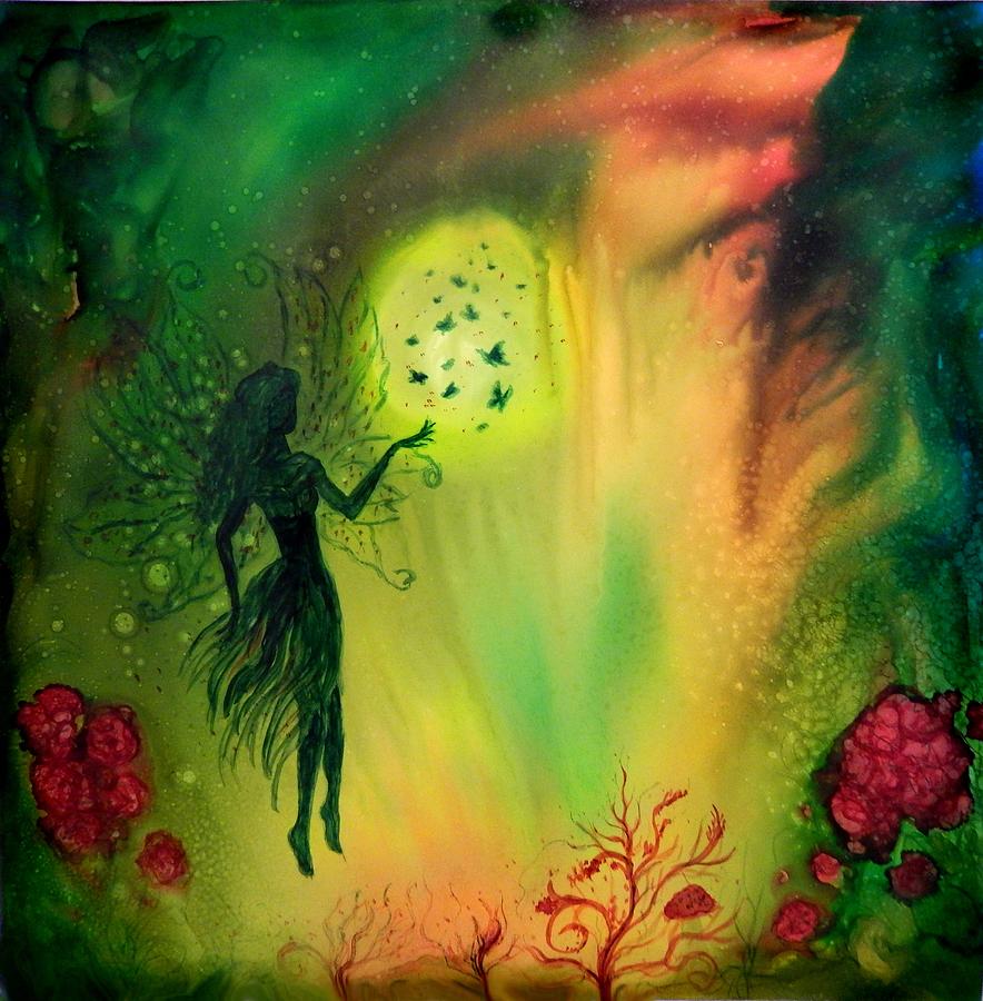 Full moon Fairy and Butterflies Painting by Lilia D