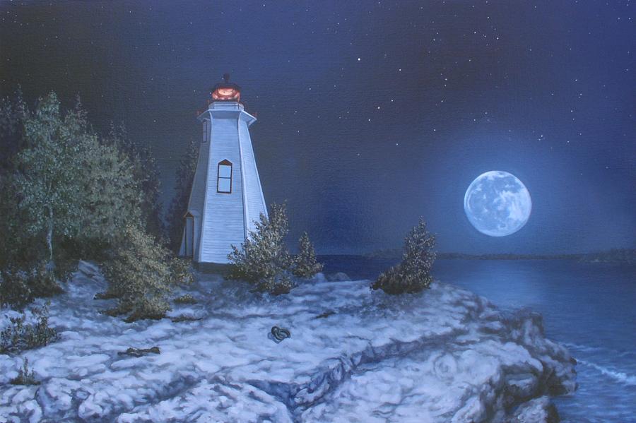 Landscape Painting - Full Moon Lighthouse Point by Michael Marcotte