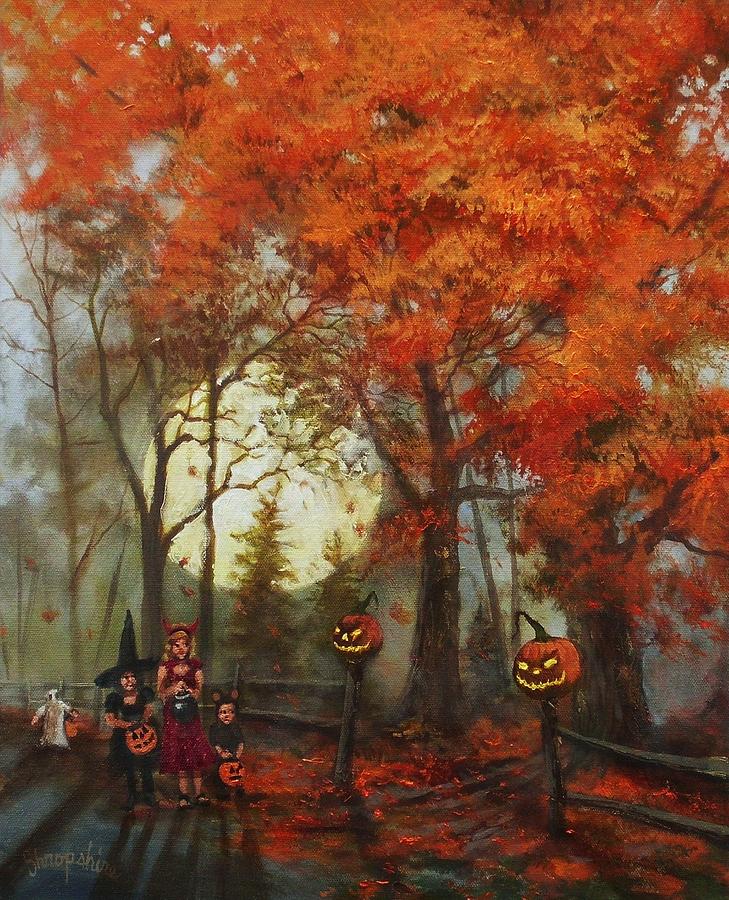 Full Moon on Halloween Lane Painting by Tom Shropshire